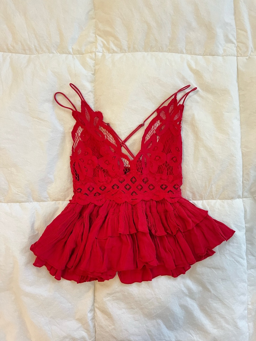 Free People Red Lace Ruffle Cami Top